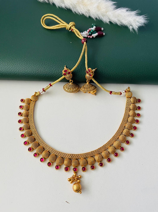 Ruby stone gold plated short necklace with matching earrings