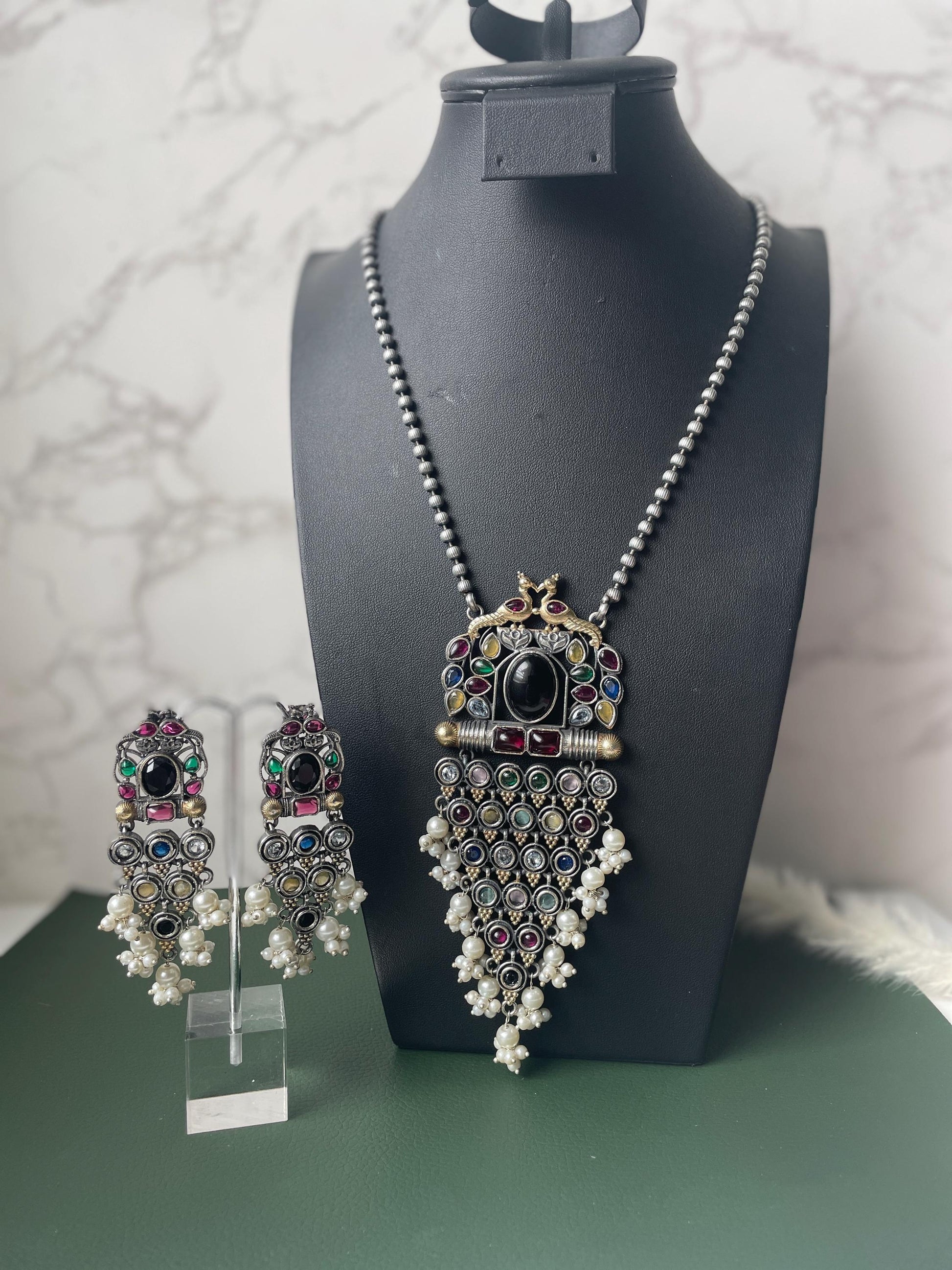 Oxidized Necklace Set: Monalisa Stone, Colorful Festive Jewelry