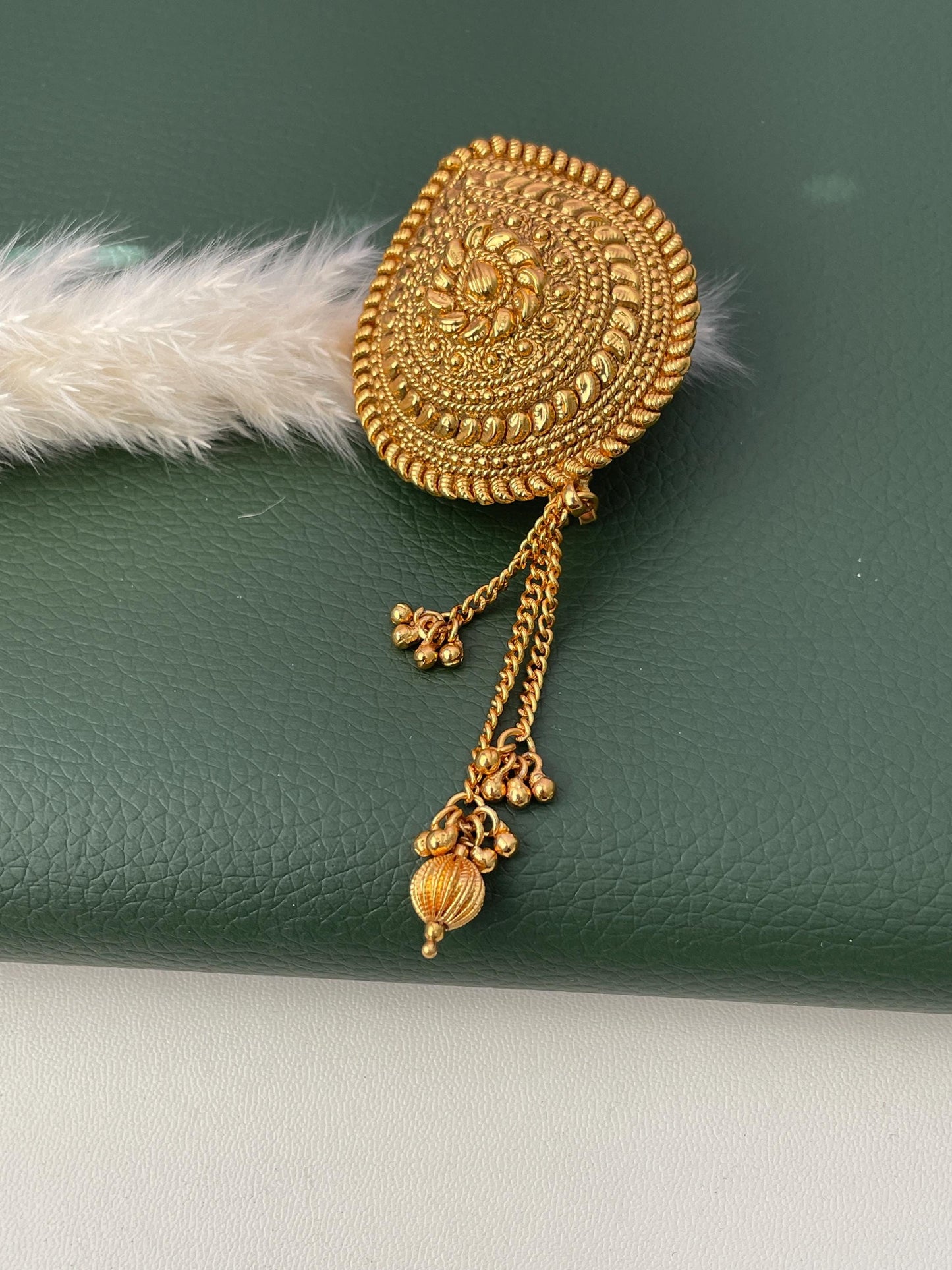 Gold Plated Hair Brooch: Bollywood Saree Pin with Dangling Beads