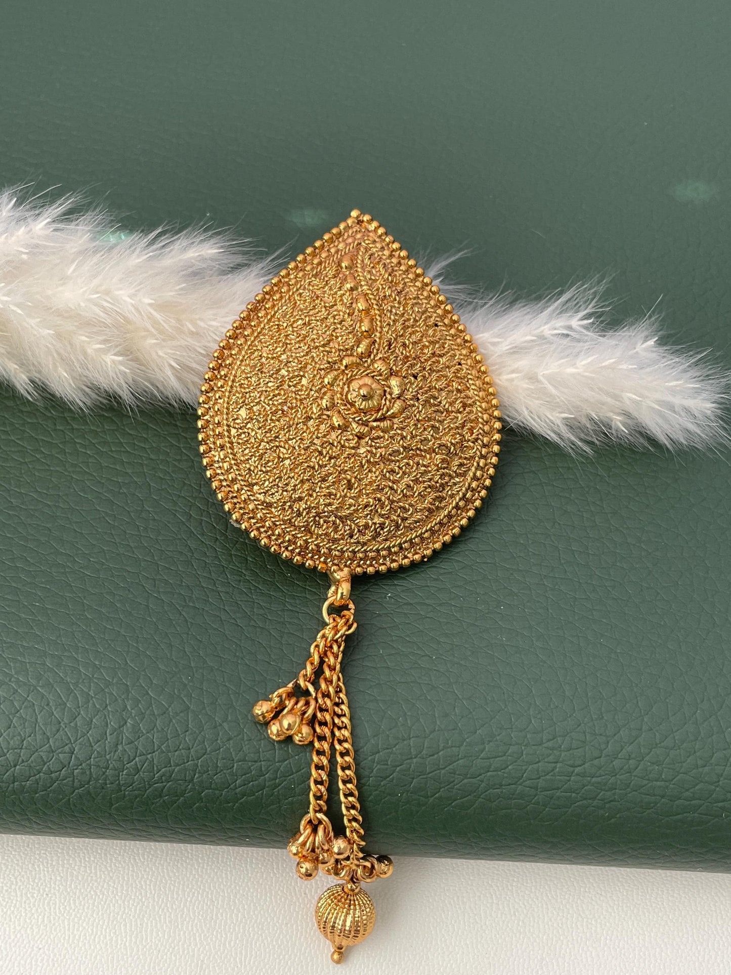 Gold Plated Hair Brooch: Bollywood Saree Pin with Dangling Beads
