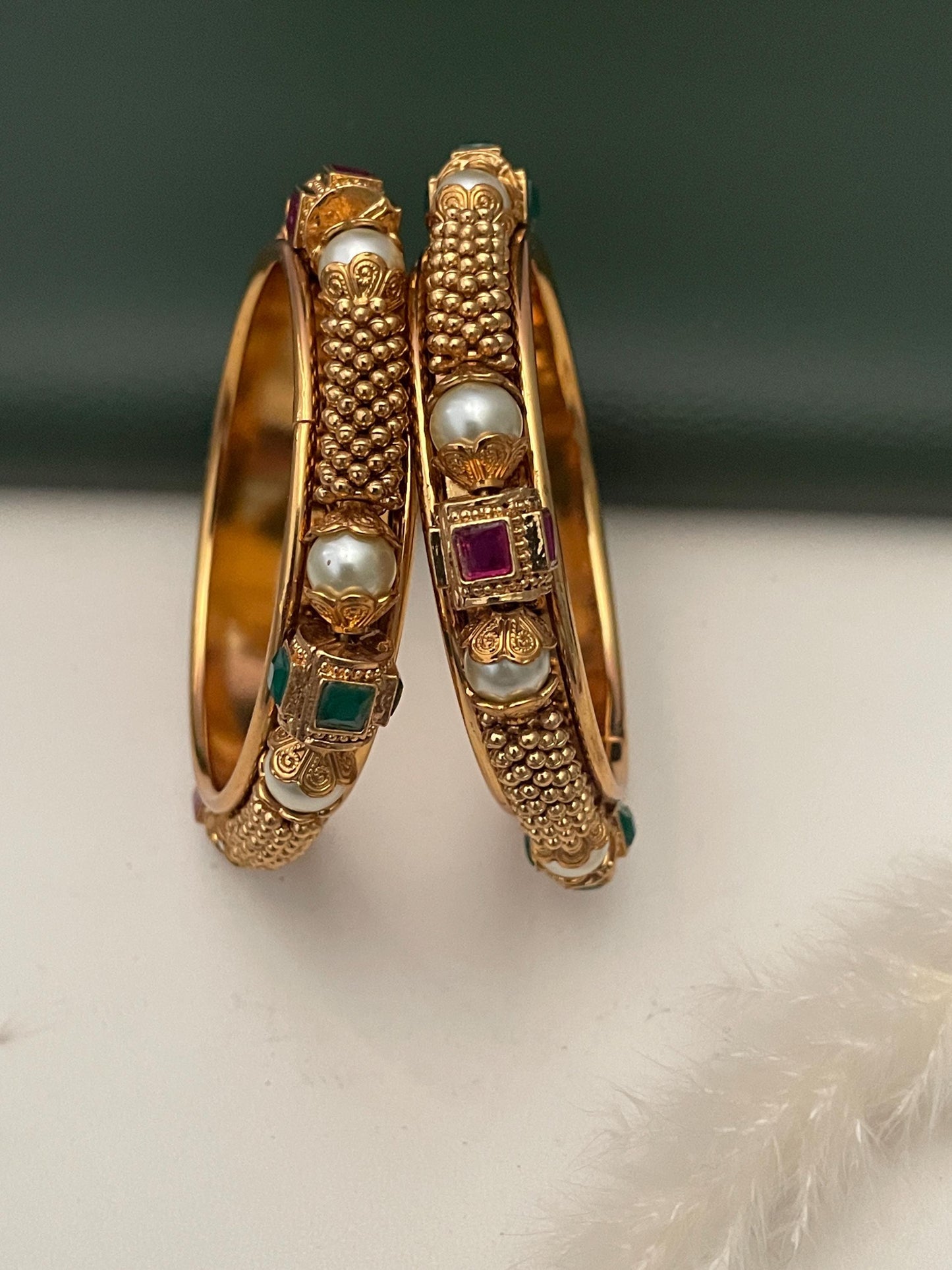 Gold Plated Kada Bangles: Ruby, Emerald & Pearl Indian Jewelry (Set of 2)