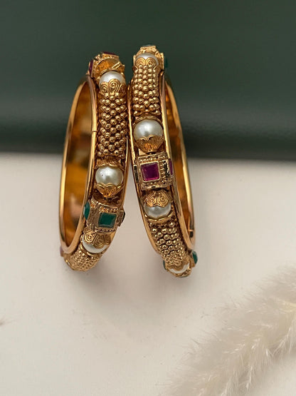 Gold Plated Kada Bangles: Ruby, Emerald & Pearl Indian Jewelry (Set of 2)