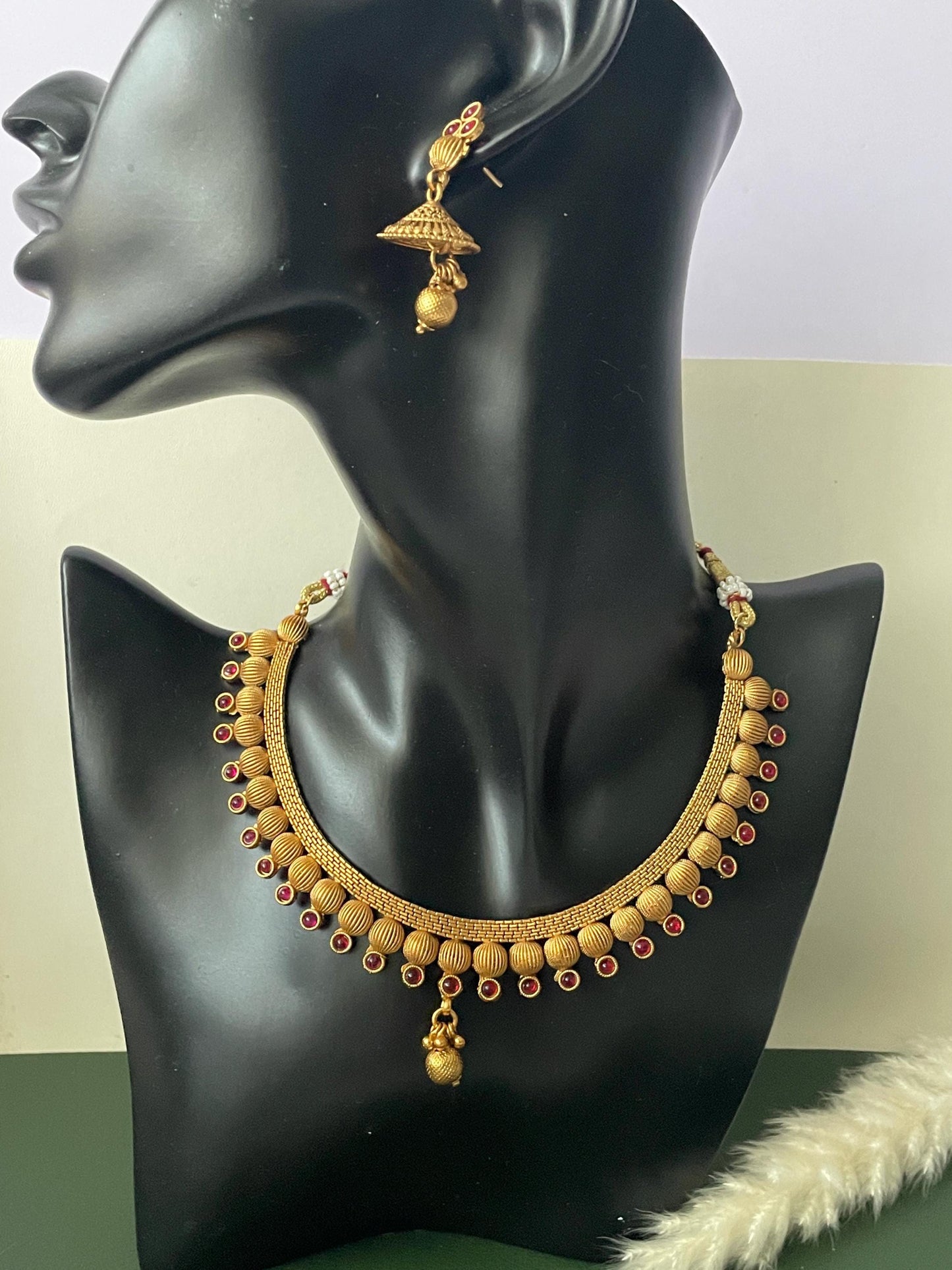 Ruby stone gold plated short necklace with matching earrings