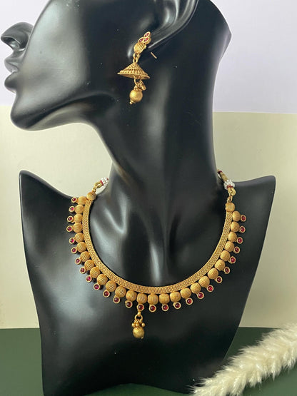 Ruby stone gold plated short necklace with matching earrings