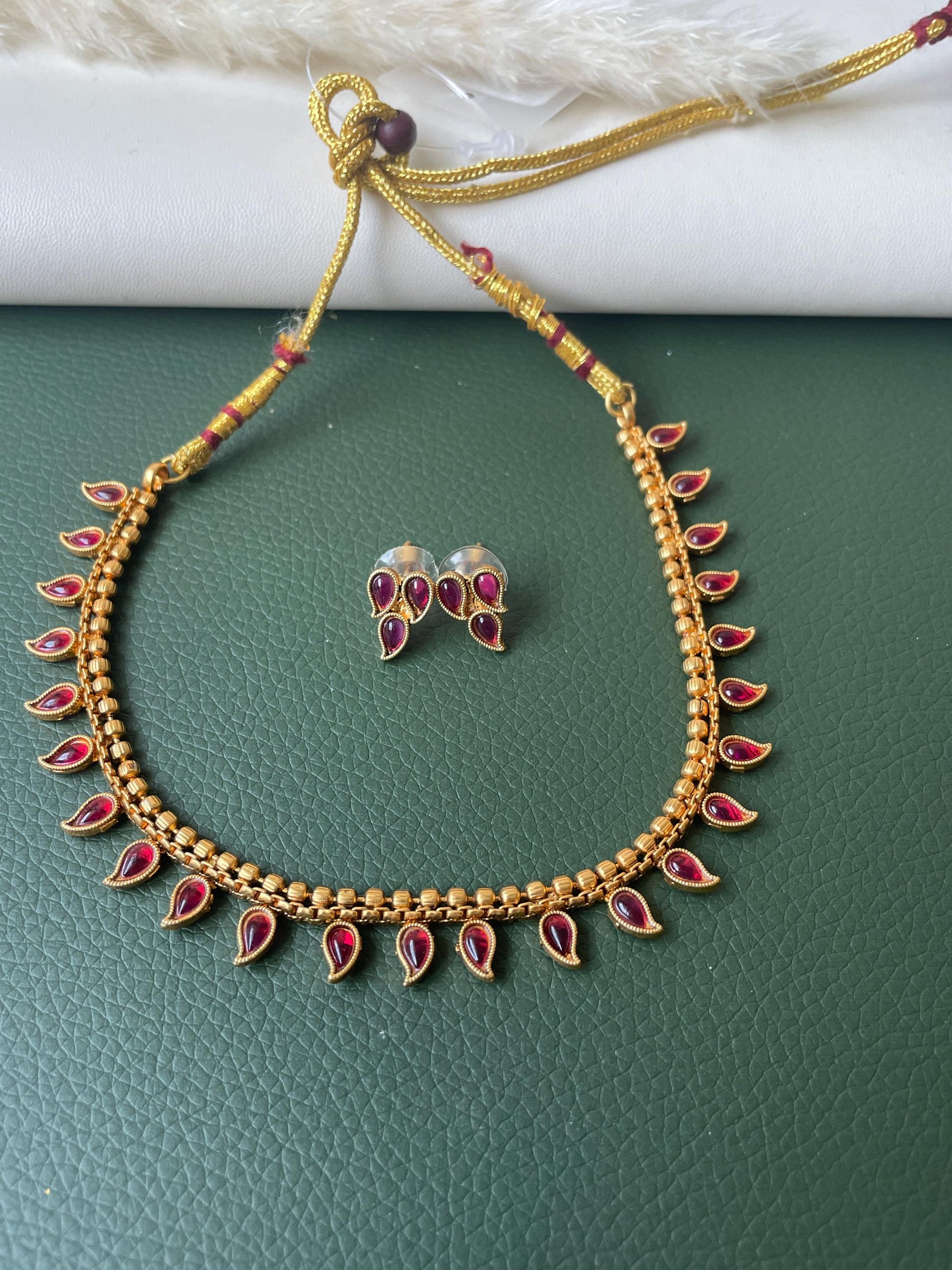 Ruby stone gold plated short necklace with matching earrings