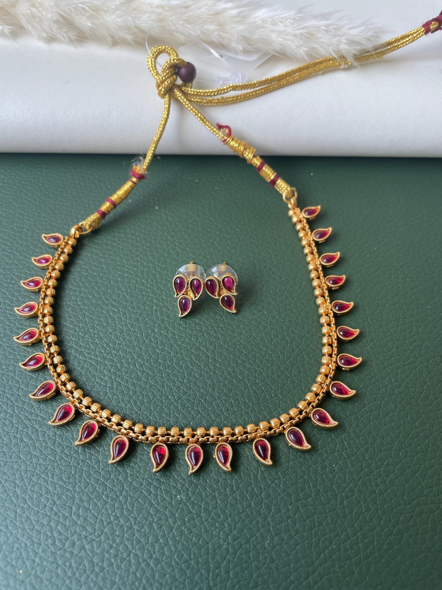 Ruby stone gold plated short necklace with matching earrings