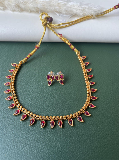 Ruby stone gold plated short necklace with matching earrings