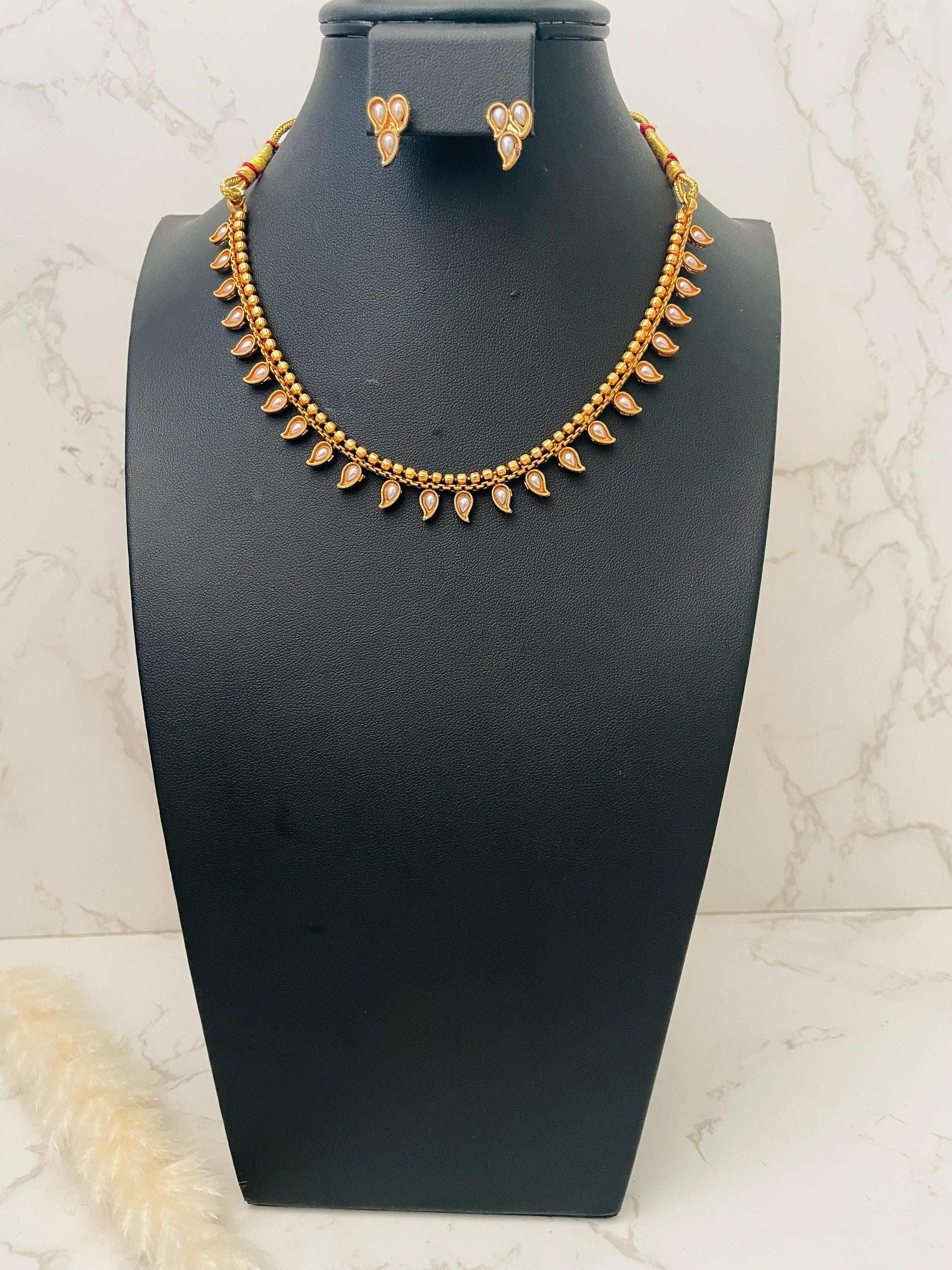 Ruby stone gold plated short necklace with matching earrings