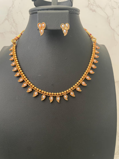 Ruby stone gold plated short necklace with matching earrings