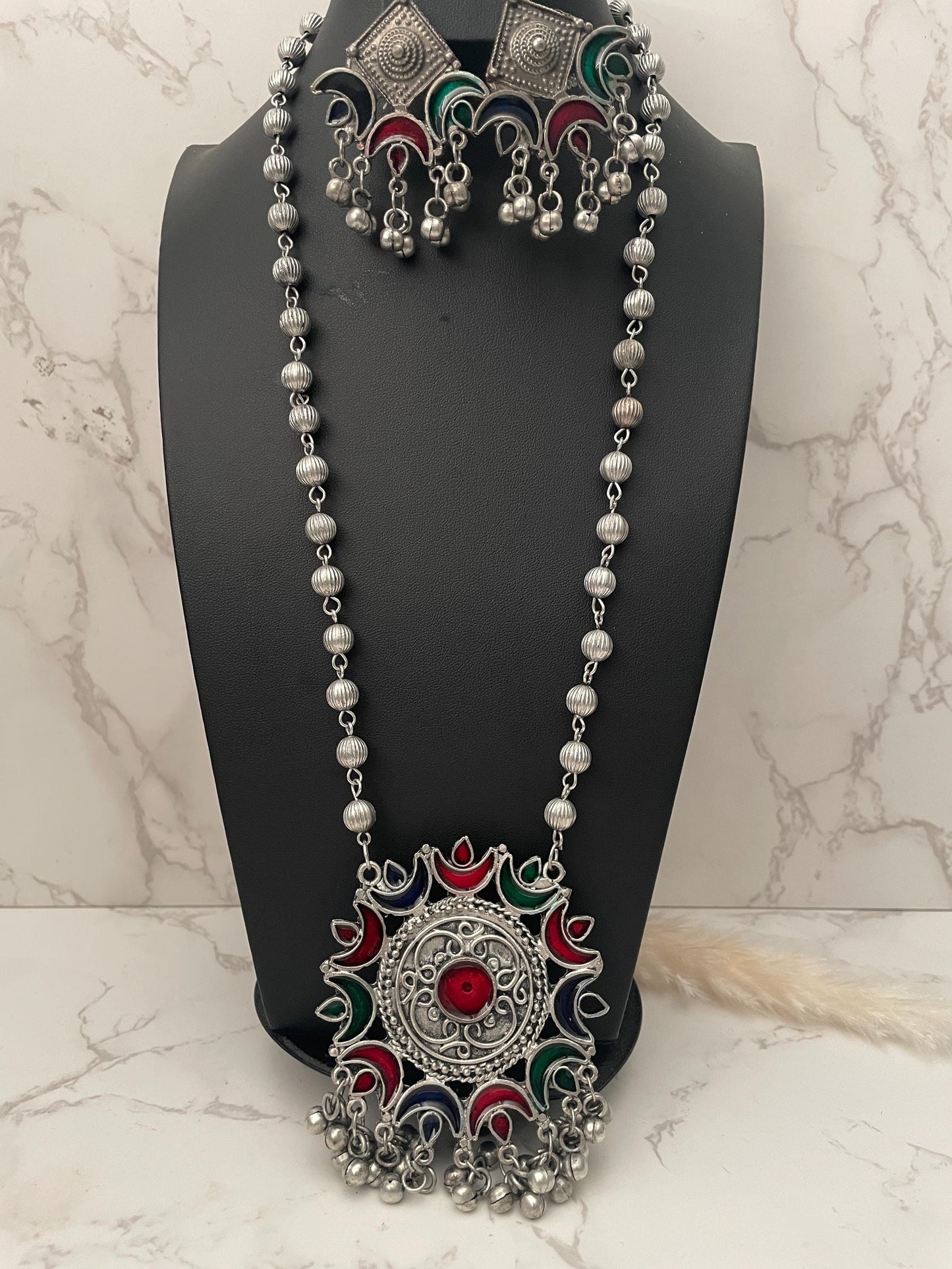 Oxidized Multicolor Necklace Earring Set: Vibrant Pendant, Garba Jewelry