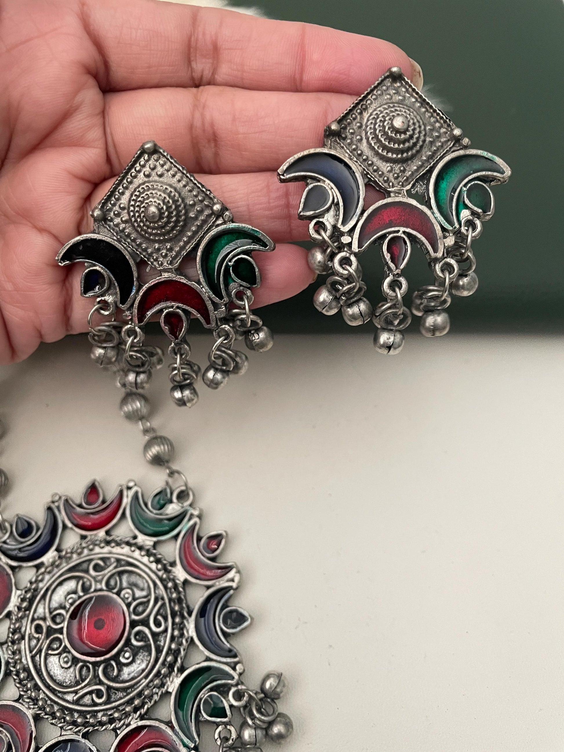 Oxidized Multicolor Necklace Earring Set: Vibrant Pendant, Garba Jewelry