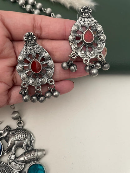 Oxidized Multicolor Necklace Earring Set: Vibrant Pendant, Garba Jewelry