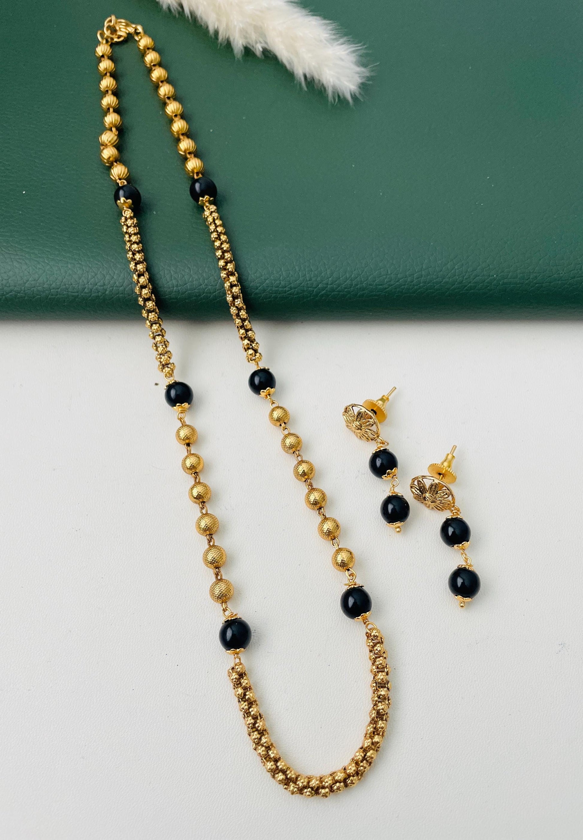 Black beads   Antique gold plated chain necklace set