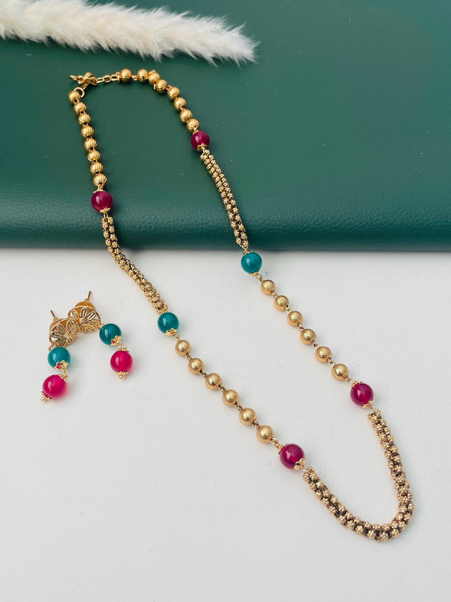 Antique gold plated short chain mala with matching earrings | Indian mala set