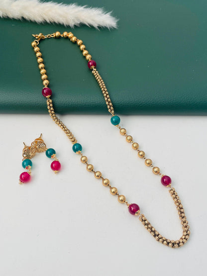 Antique gold plated short chain mala with matching earrings | Indian mala set