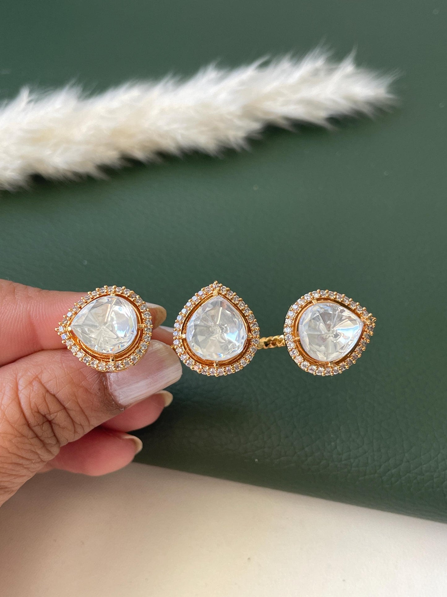 Gold Plated kundan and CZ two finger ring | Kundan and gold plated trendy statement ring