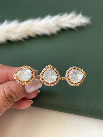 Gold Plated kundan and CZ two finger ring | Kundan and gold plated trendy statement ring