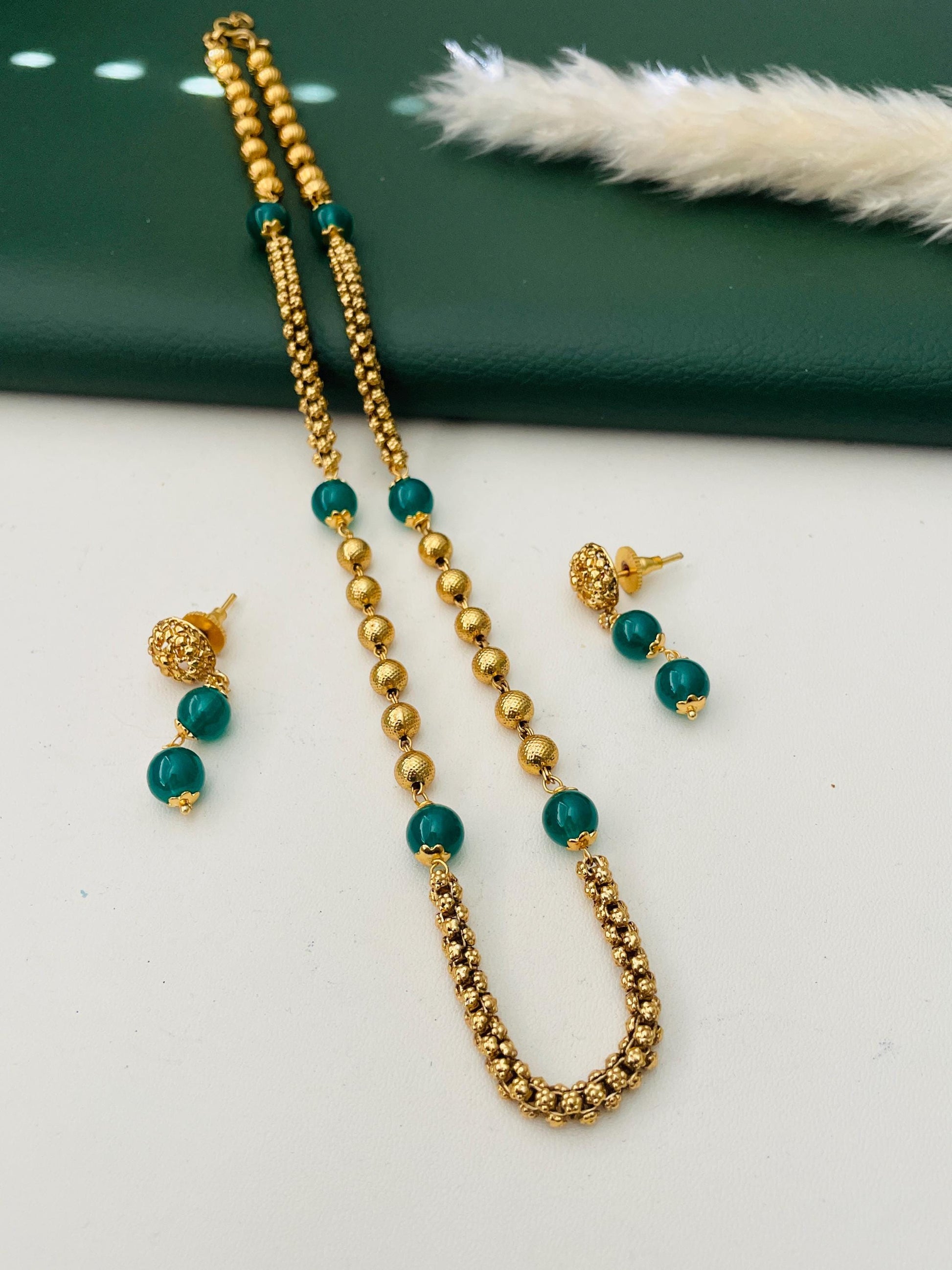 Antique gold plated short chain mala with matching earrings | Indian mala set