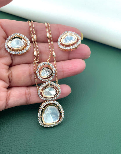 Gold Plated Kundan CZ Necklace Set: Layered Pendant, Festive Jewelry