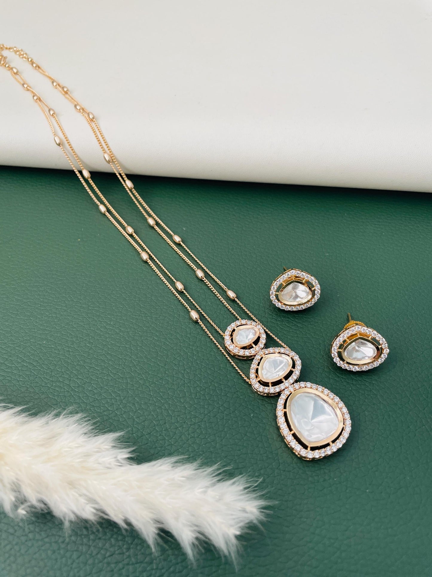 Gold Plated Kundan CZ Necklace Set: Layered Pendant, Festive Jewelry