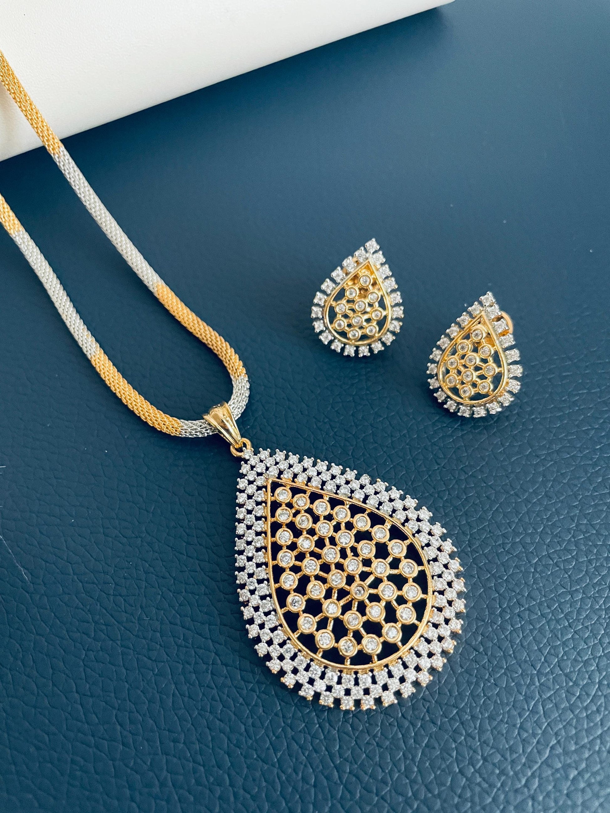 Indian Cubic Zirconia Necklace Set: Rhodium Plated Wedding Jewelry