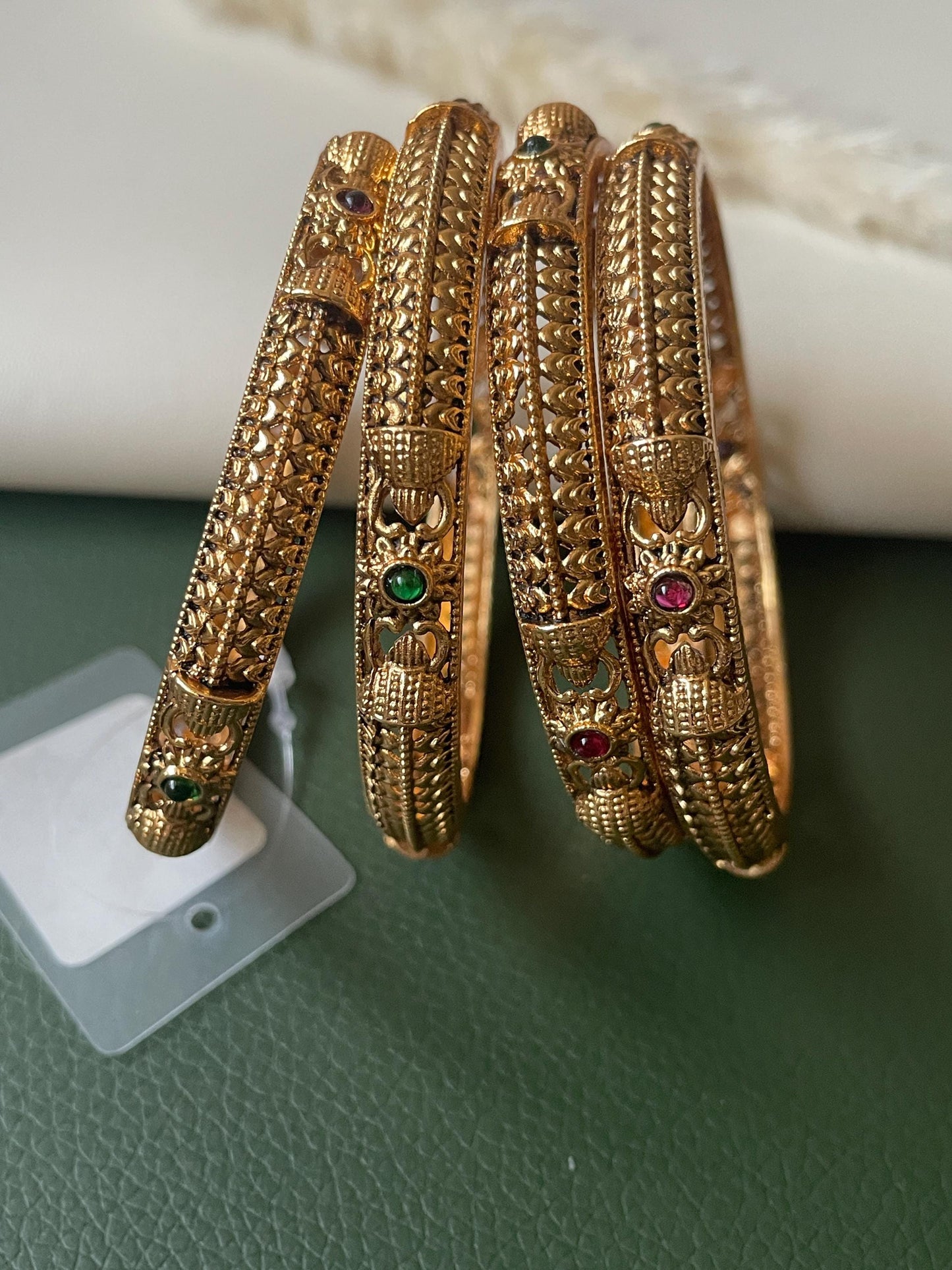 Antique Gold Plated Indian Bangles: Ruby & Green Stone Set