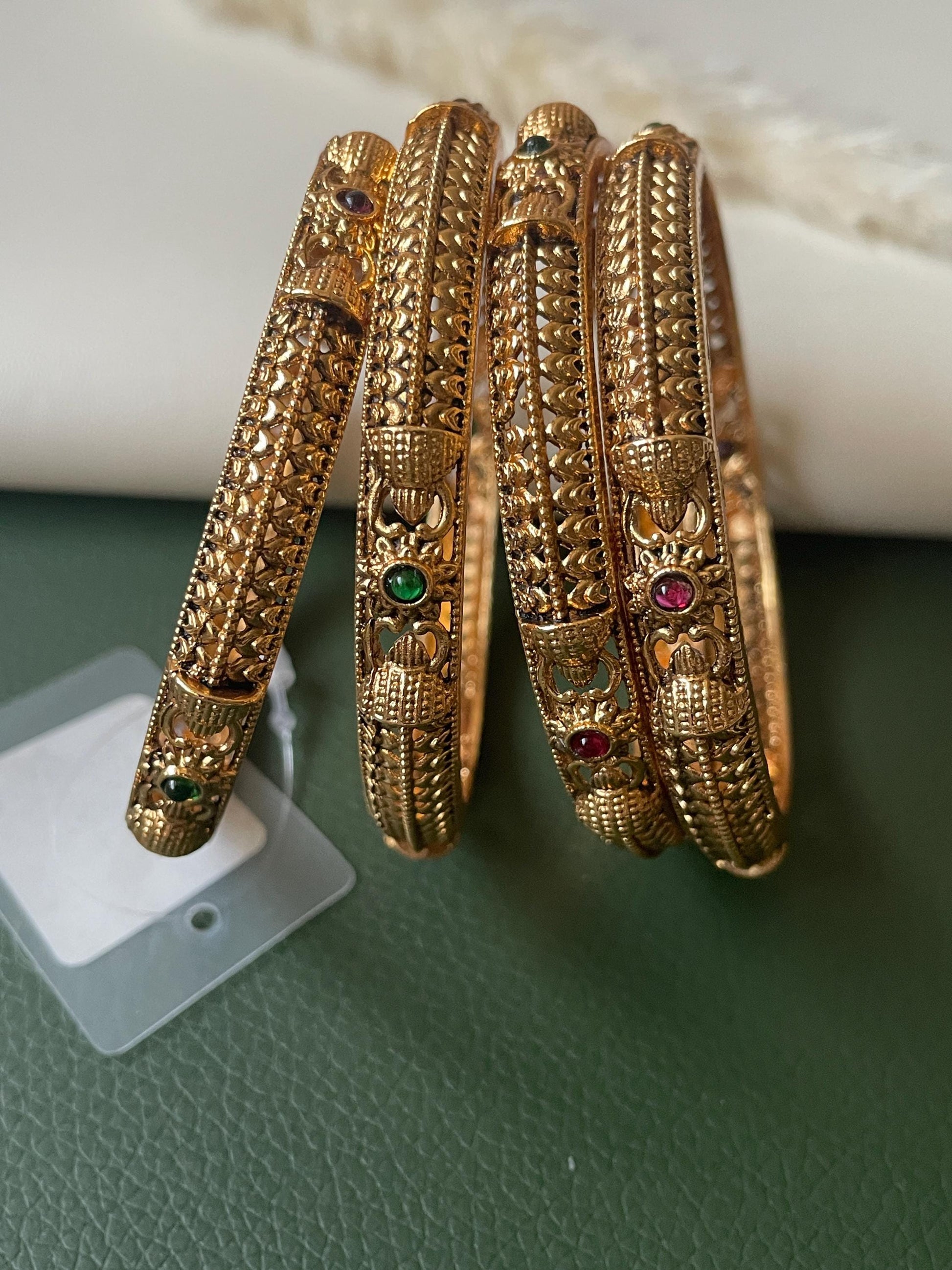 Antique Gold Plated Indian Bangles: Ruby & Green Stone Set