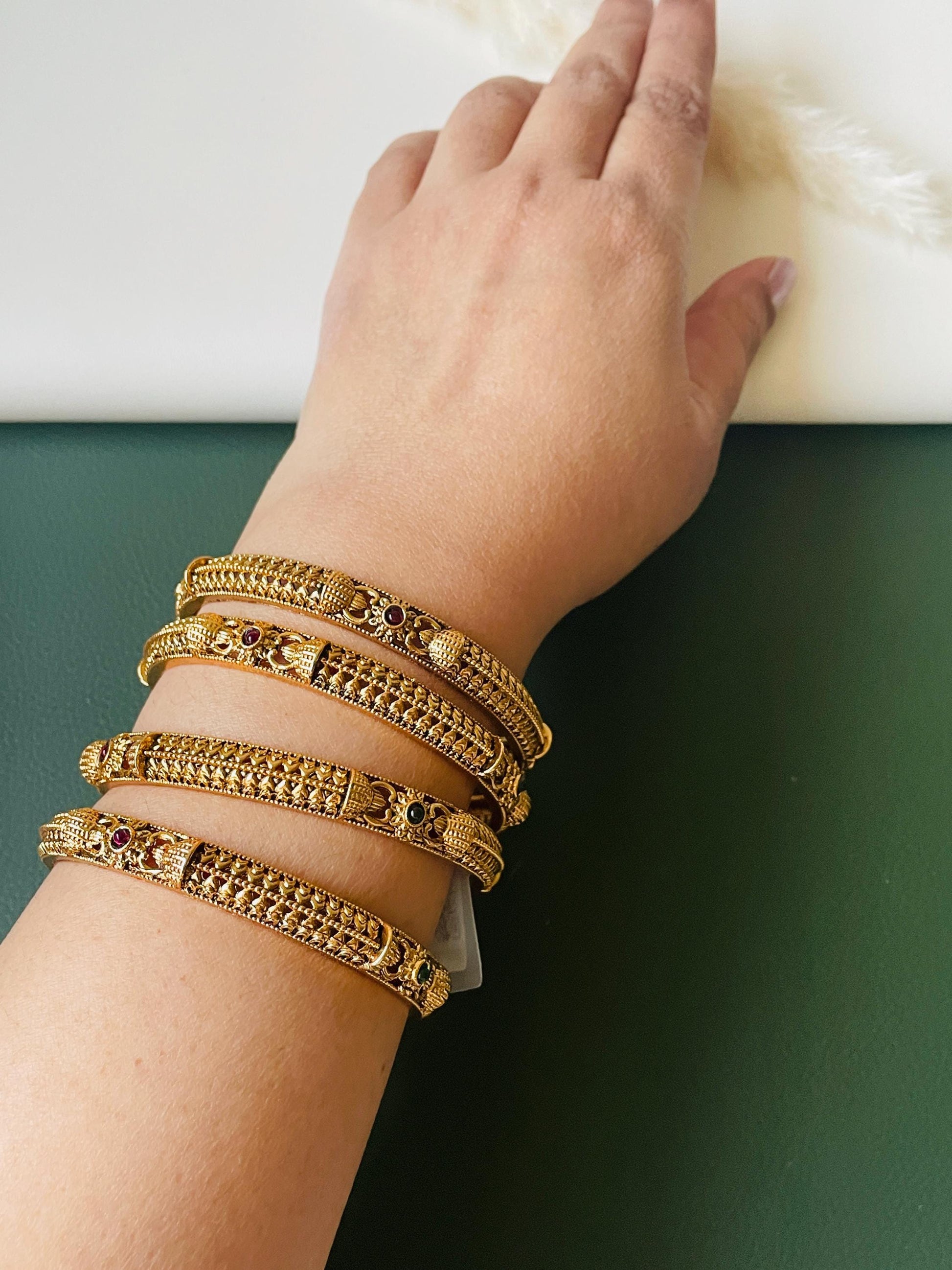 Antique Gold Plated Indian Bangles: Ruby & Green Stone Set