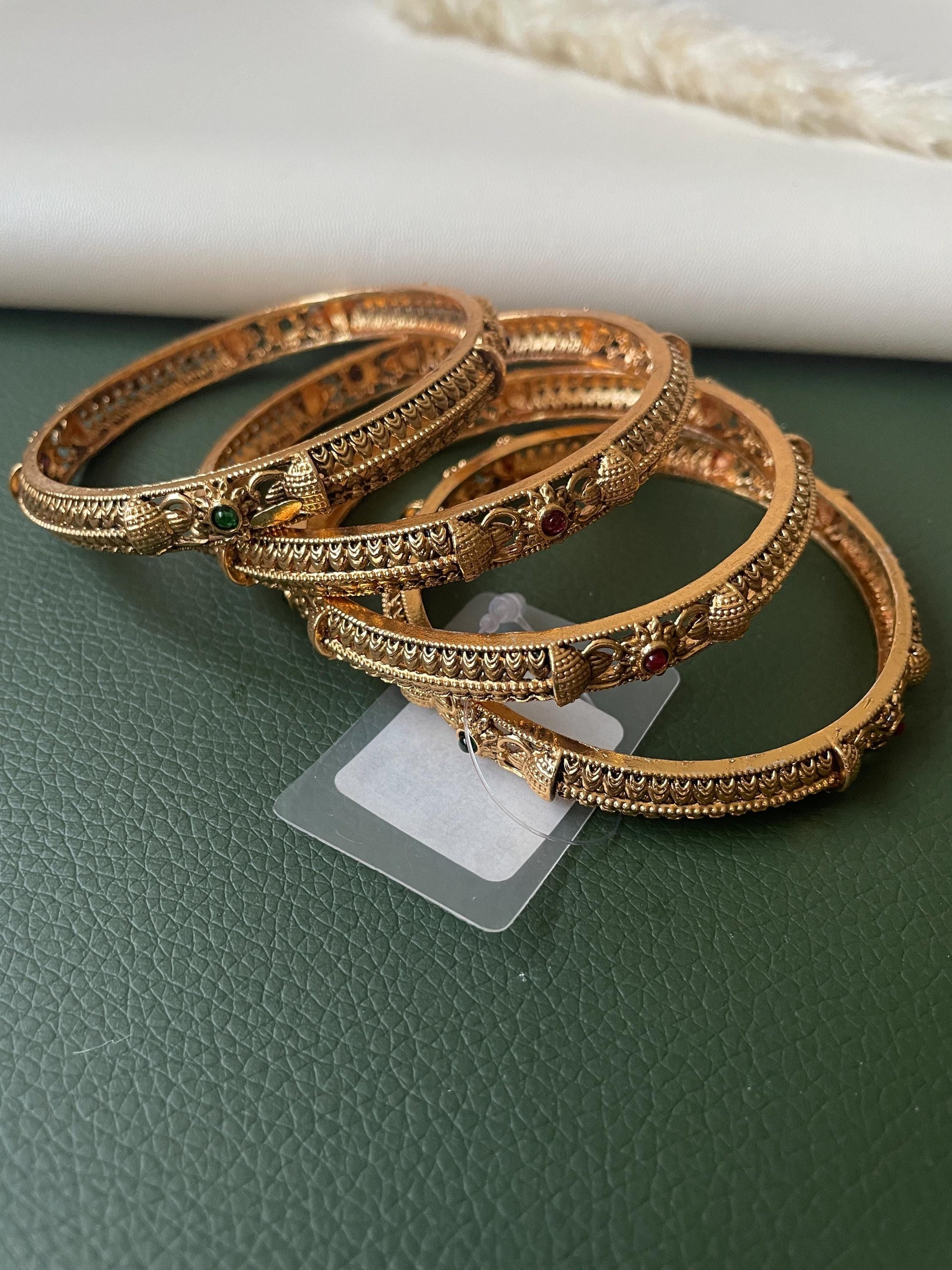 Antique Gold Plated Indian Bangles: Ruby & Green Stone Set