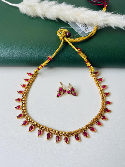 Ruby stone gold plated short necklace with matching earrings
