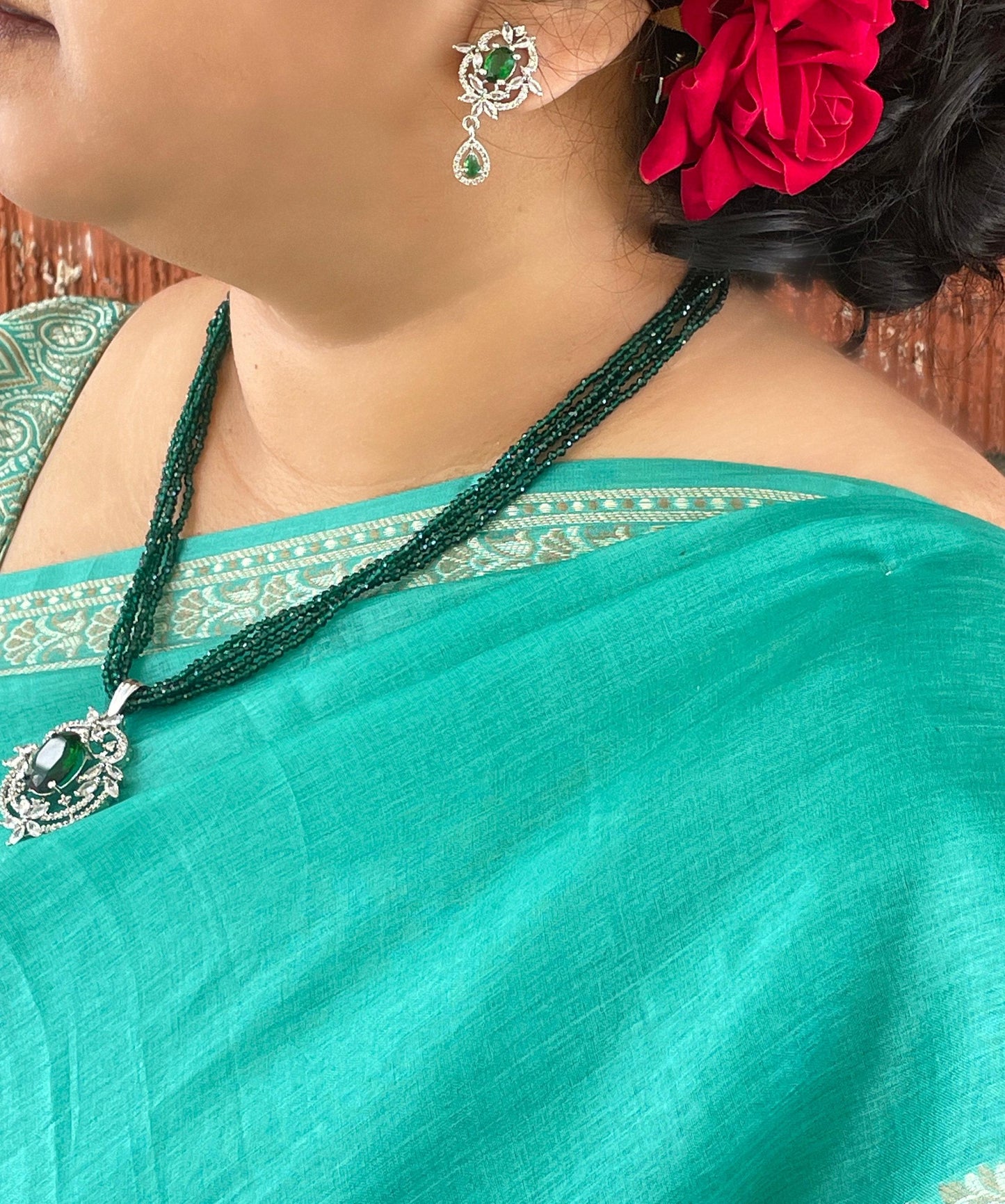 American Diamond Green Stone Necklace Set: Cubic Zirconia Earrings