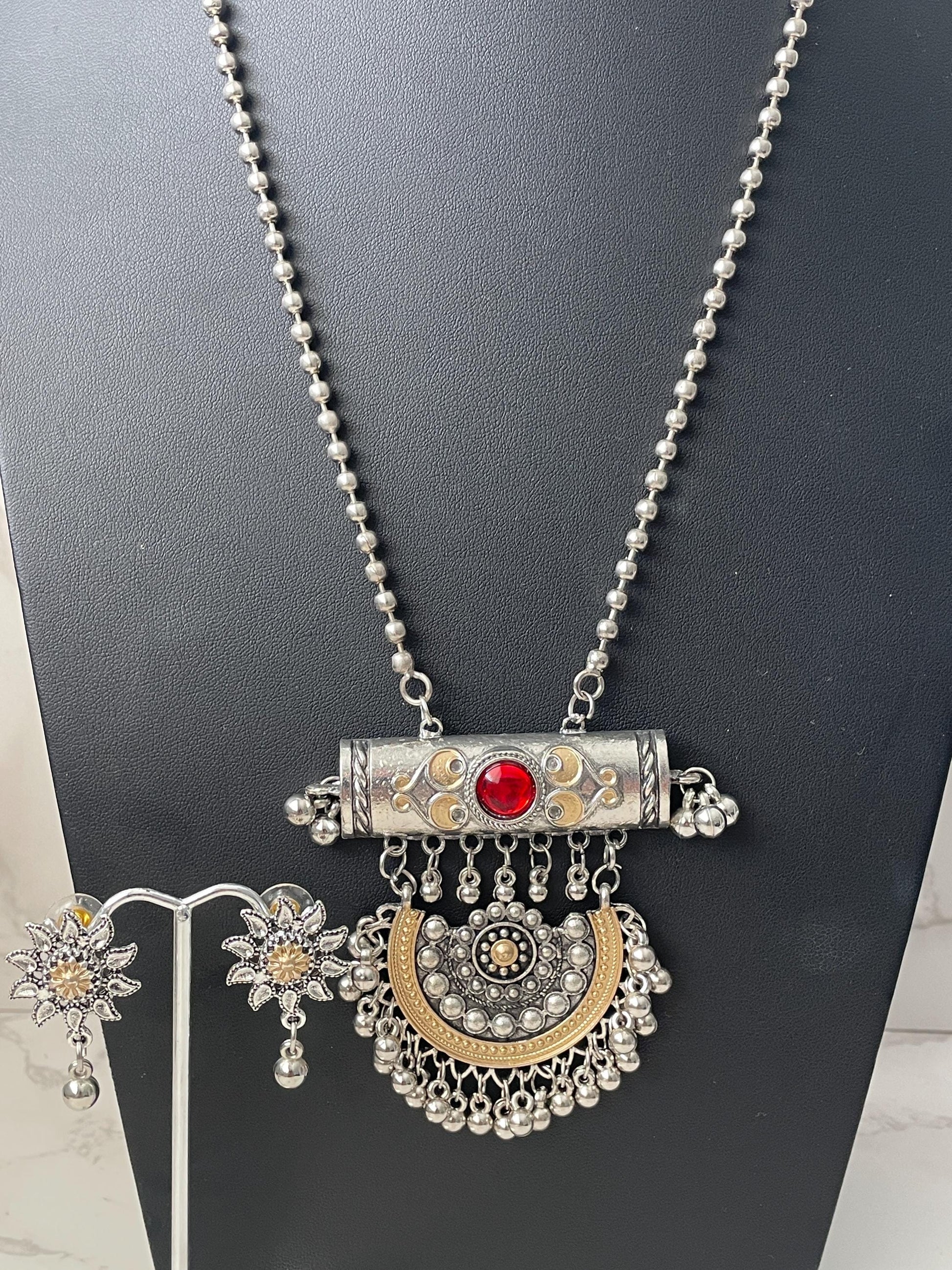 Dual tone Oxidised long necklace set for Garba Navratri
