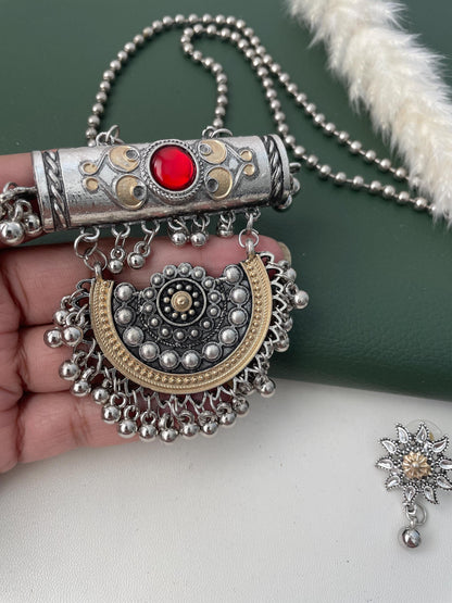 Dual tone Oxidised long necklace set for Garba Navratri