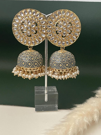 Grey enamel high quality gold plated kundan and pearl big jhumkis .