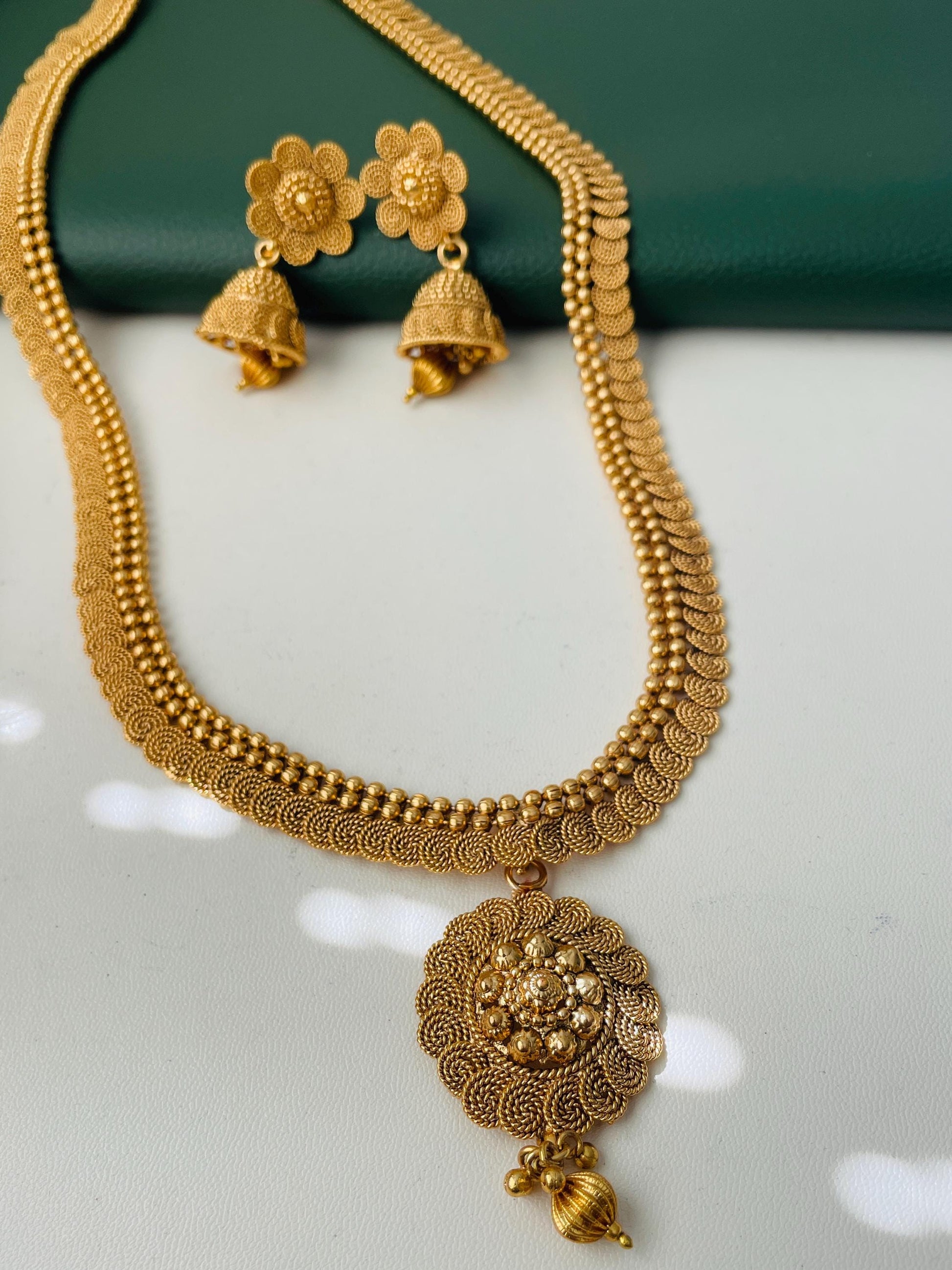 Traditional long gold plated necklace with jhumkis