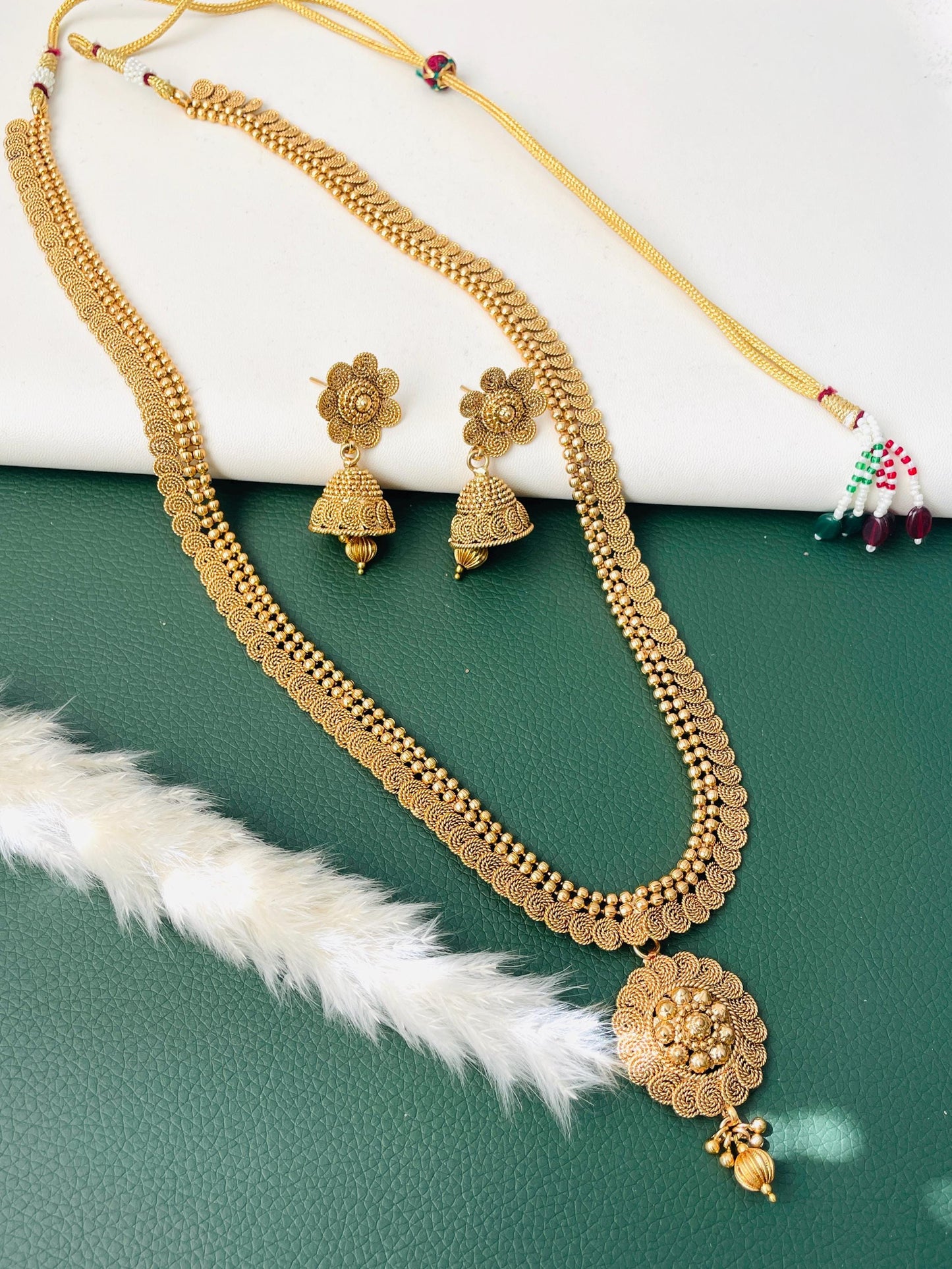 Traditional long gold plated necklace with jhumkis