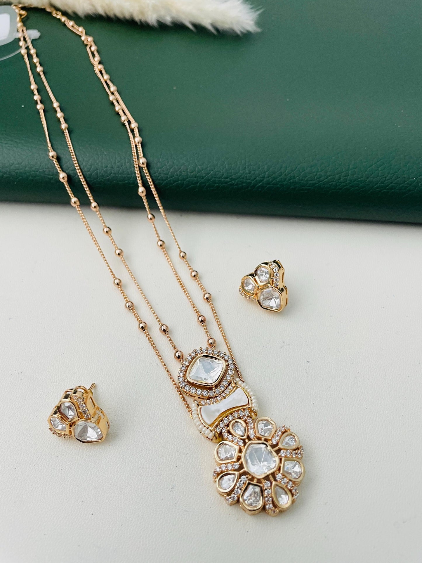 Gold Plated Kundan CZ Necklace Set: Layered Pendant, Festive Jewelry