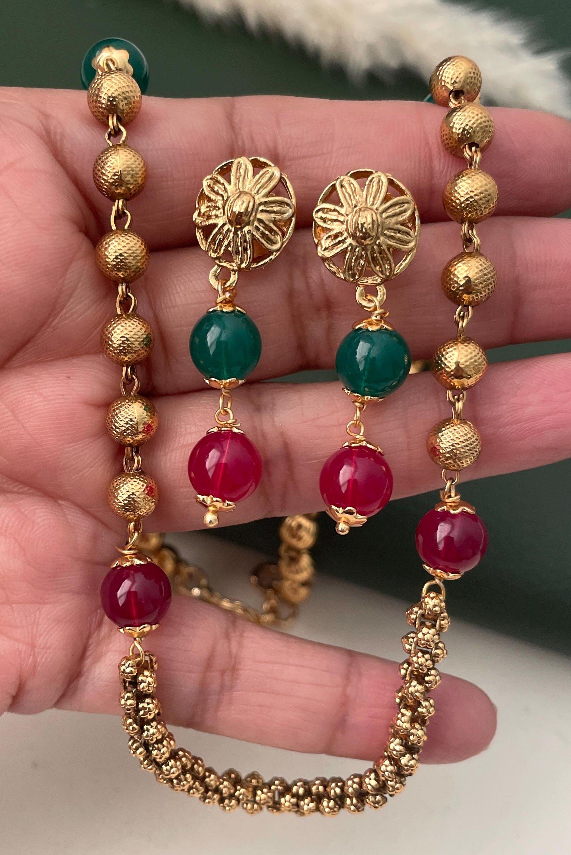 Antique gold plated short chain mala with matching earrings | Indian mala set