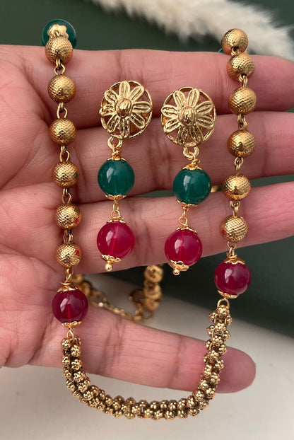 Antique gold plated short chain mala with matching earrings | Indian mala set