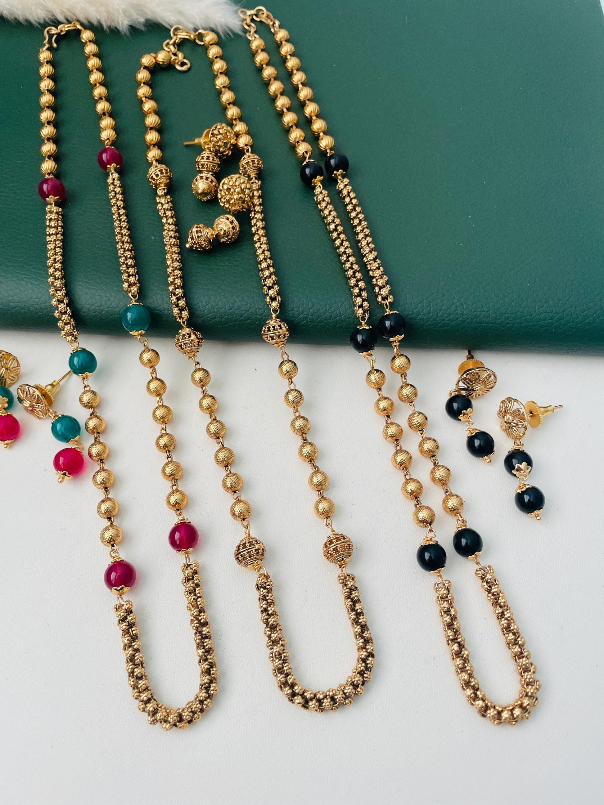 Antique gold plated short chain mala with matching earrings | Indian mala set