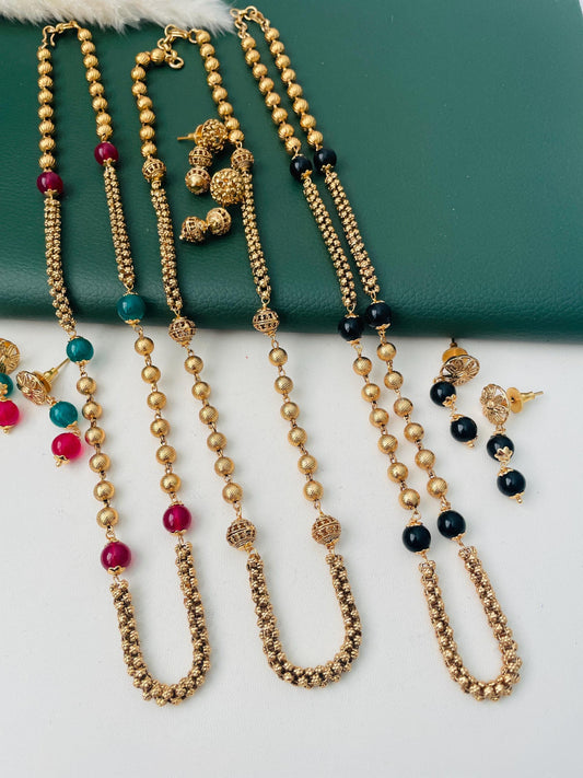 Antique gold plated short chain mala with matching earrings | Indian mala set