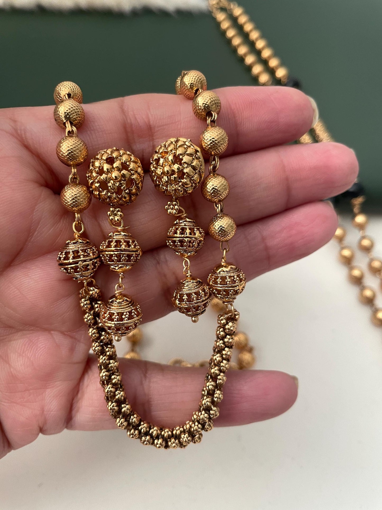 Antique gold plated short chain mala with matching earrings | Indian mala set