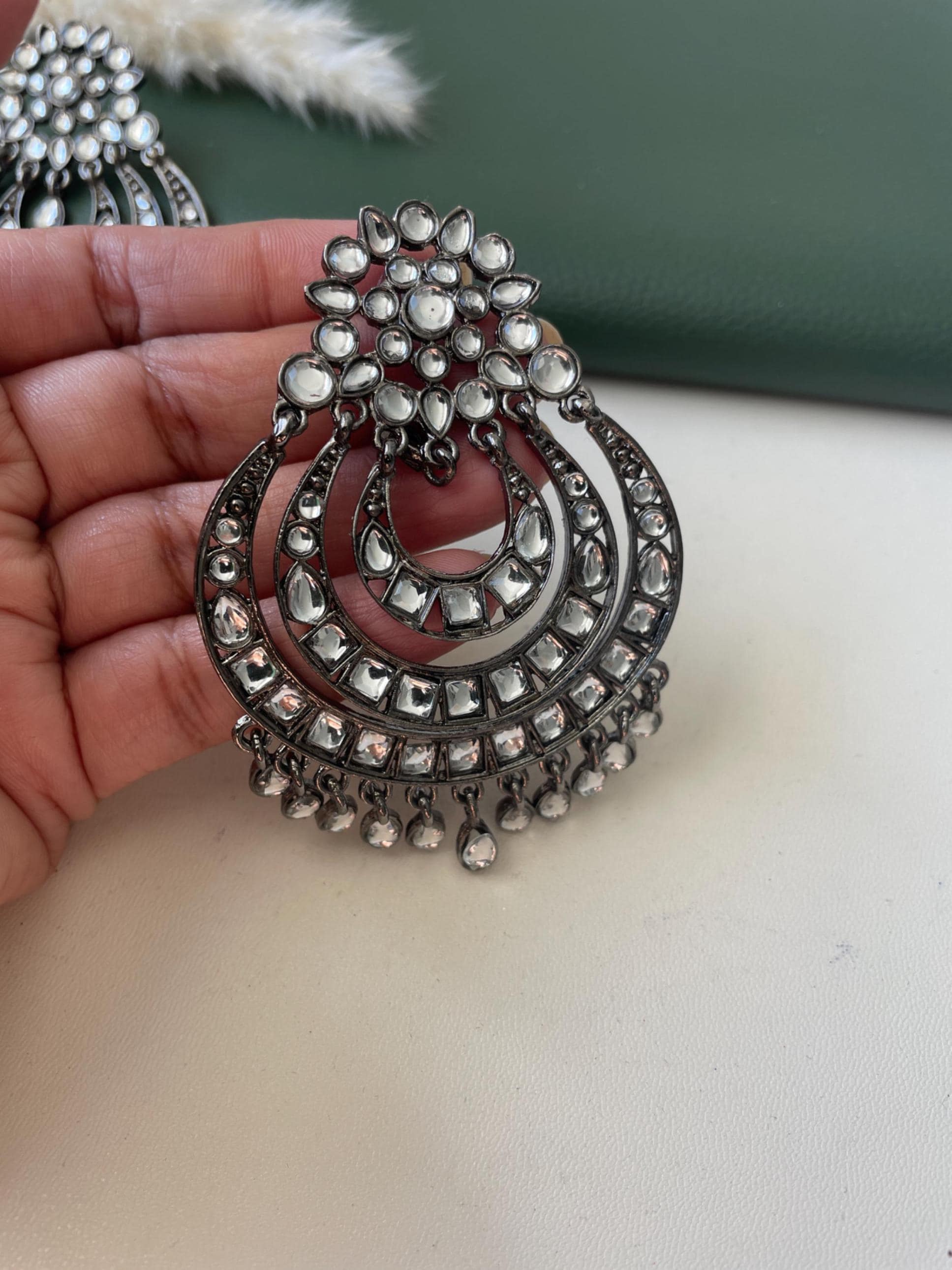 oversized black metal polki chandbali or big jhumka