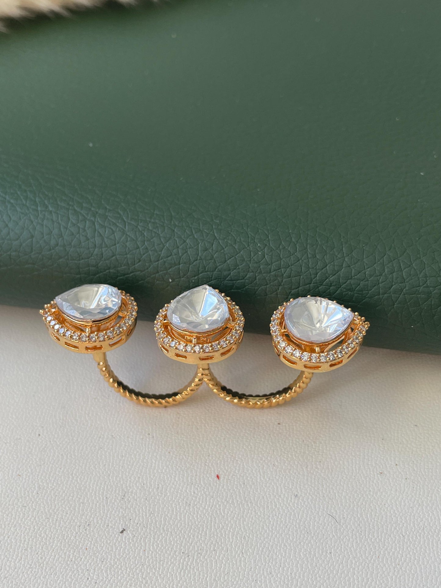 Gold Plated kundan and CZ two finger ring | Kundan and gold plated trendy statement ring