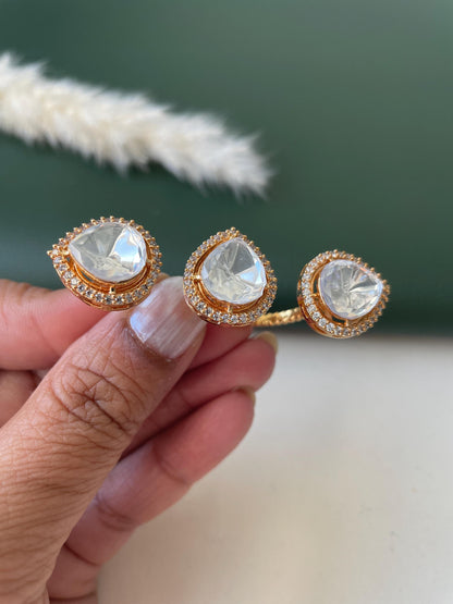 Gold Plated kundan and CZ two finger ring | Kundan and gold plated trendy statement ring
