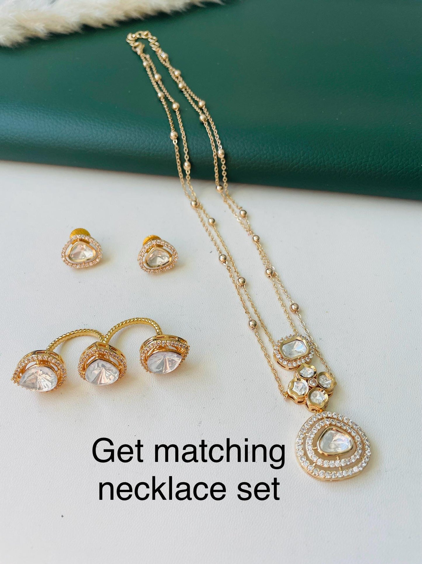 Gold Plated kundan and CZ two finger ring | Kundan and gold plated trendy statement ring