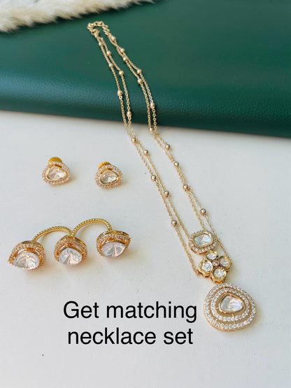 Gold Plated kundan and CZ two finger ring | Kundan and gold plated trendy statement ring