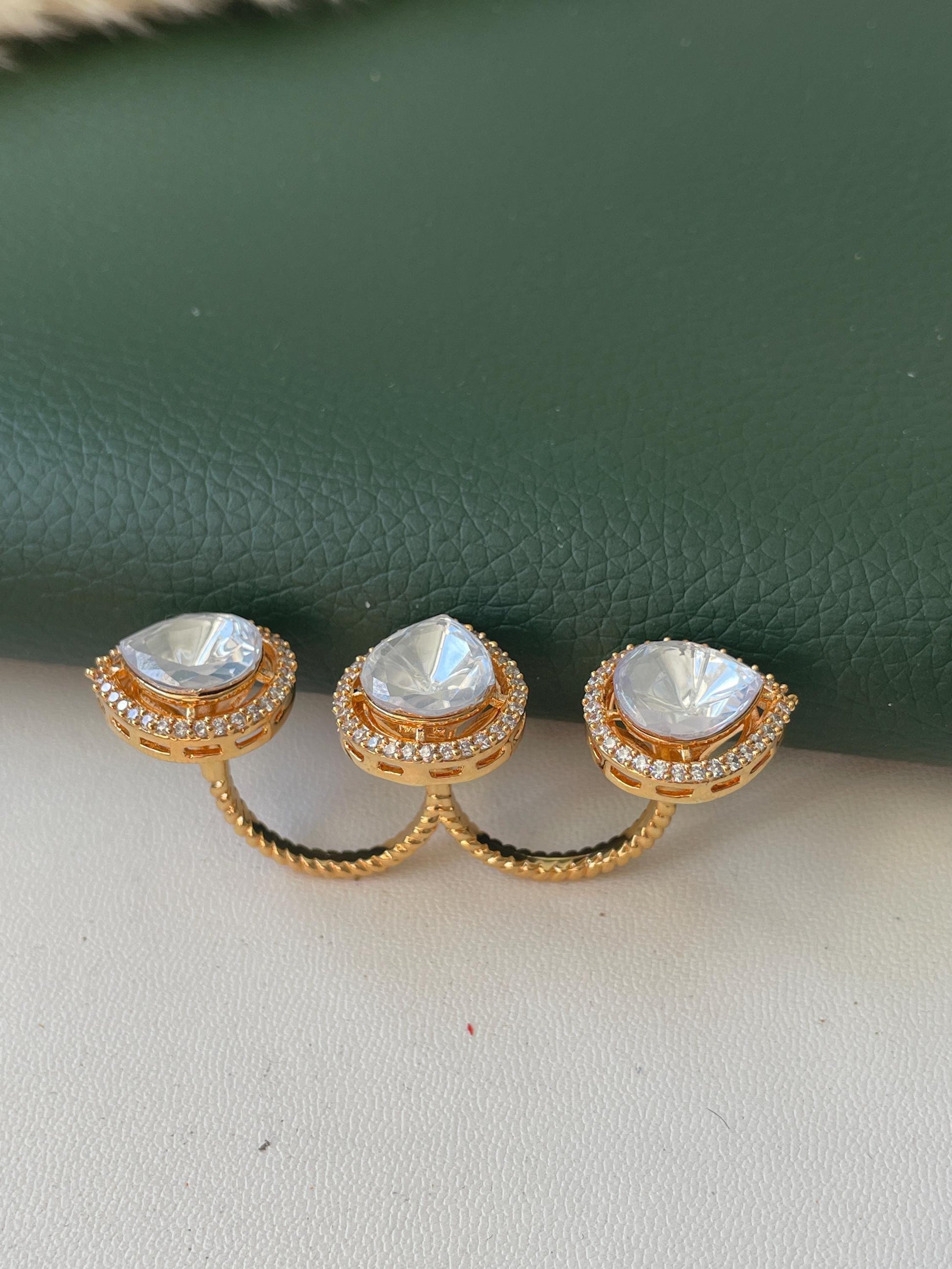 Gold Plated kundan and CZ two finger ring | Kundan and gold plated trendy statement ring