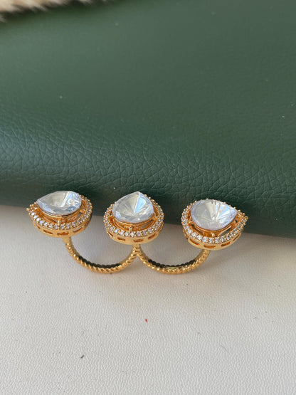 Gold Plated kundan and CZ two finger ring | Kundan and gold plated trendy statement ring