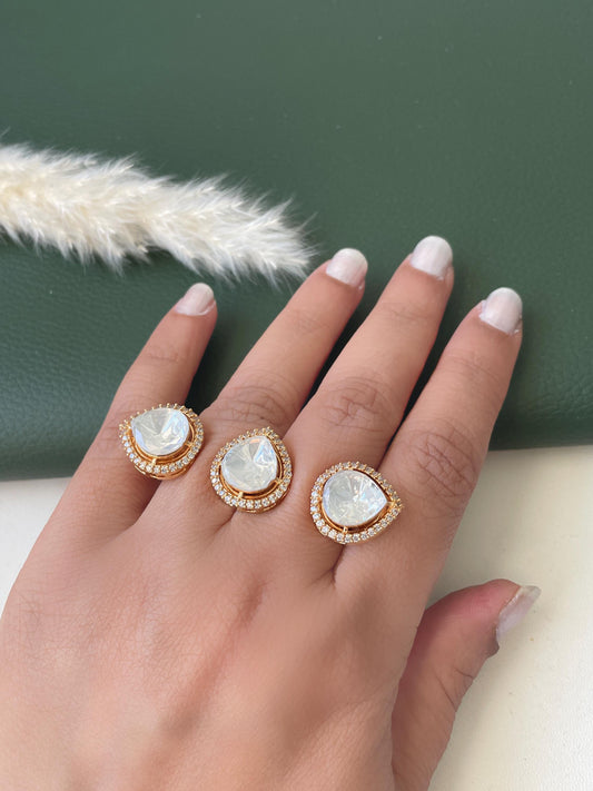 Gold Plated kundan and CZ two finger ring | Kundan and gold plated trendy statement ring